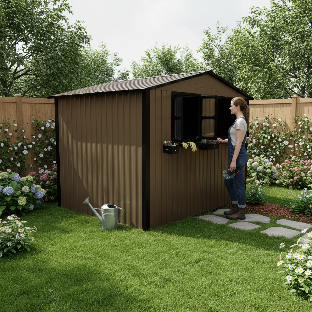 9x6 FT Outdoor Metal Storage Shed With Window & Flower Rack, Lockable Double Doors Tool Shed, Waterproof Weatherproof Garden Shed For Patio Brown Black
