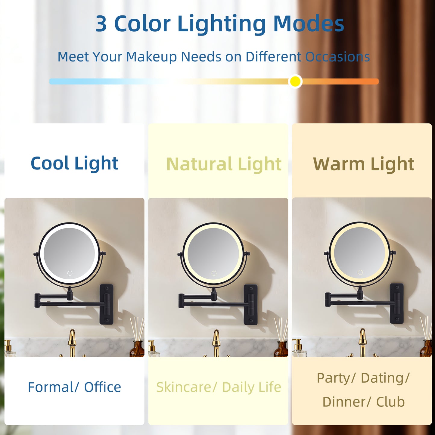 Wall Mounted Lighted Makeup Mirror, 10 00mAh Rechargeable Double Sided 1X 10X Magnifying Mirror With Light,3 Color Lights,Touch Dimmable, Extended Arm 360 Rotation Wall Mounted Makeup Mirror