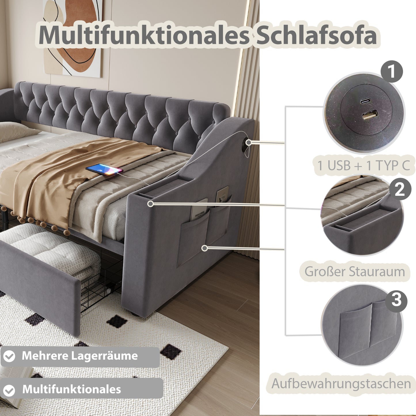 Upholstered Bed Sofa Bed 90x190 Cm, Wider And Thicker Armrests With USB Charging Port, Integrated Shelf In The Armrests, With Storage Pockets, With Storage Drawer, Velvet Fabric, Dark Grey