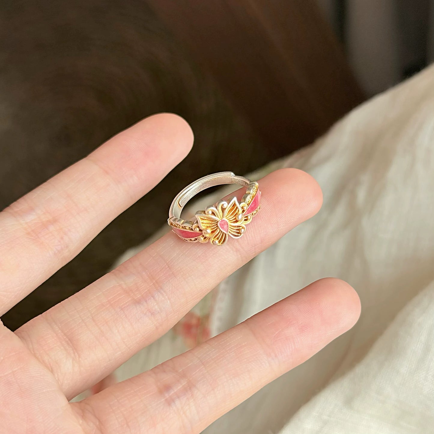 1pcs 999.9 Sterling Silver Gold-Plated Filigree Butterfly Ring, Luxury Retro Style, Ideal For Birthdays & Holiday Gifts