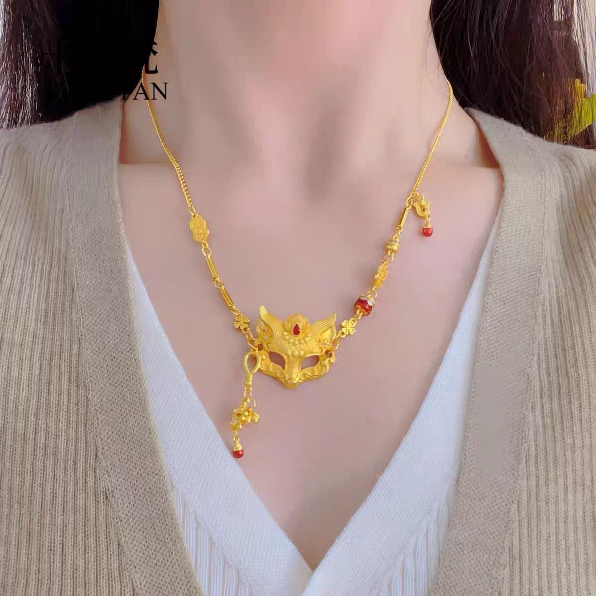 1pc 999 Sterling Silver Fox Mask Red Agate Necklace, Retro Chinese Style, Perfect For Daily Wear And Valentine's Gift