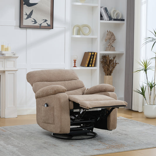 Electric 360 Swivel Recliner With Massage And Heat Function, Manually Adjustable Backrest And Footrest, And Side Storage Pockets. Taupe