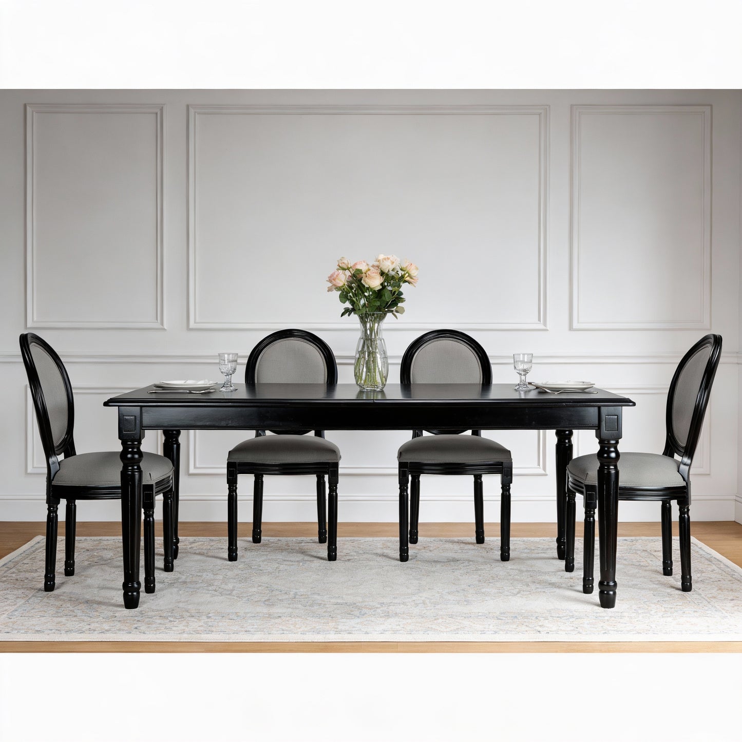 French Country Dining Chairs Set Of 2, Upholstered Chairs With Sponge Round Back , For Living Room, Kitchen , Restaurant Use, Black Solid Wood Frame,Light  Grey Fabric