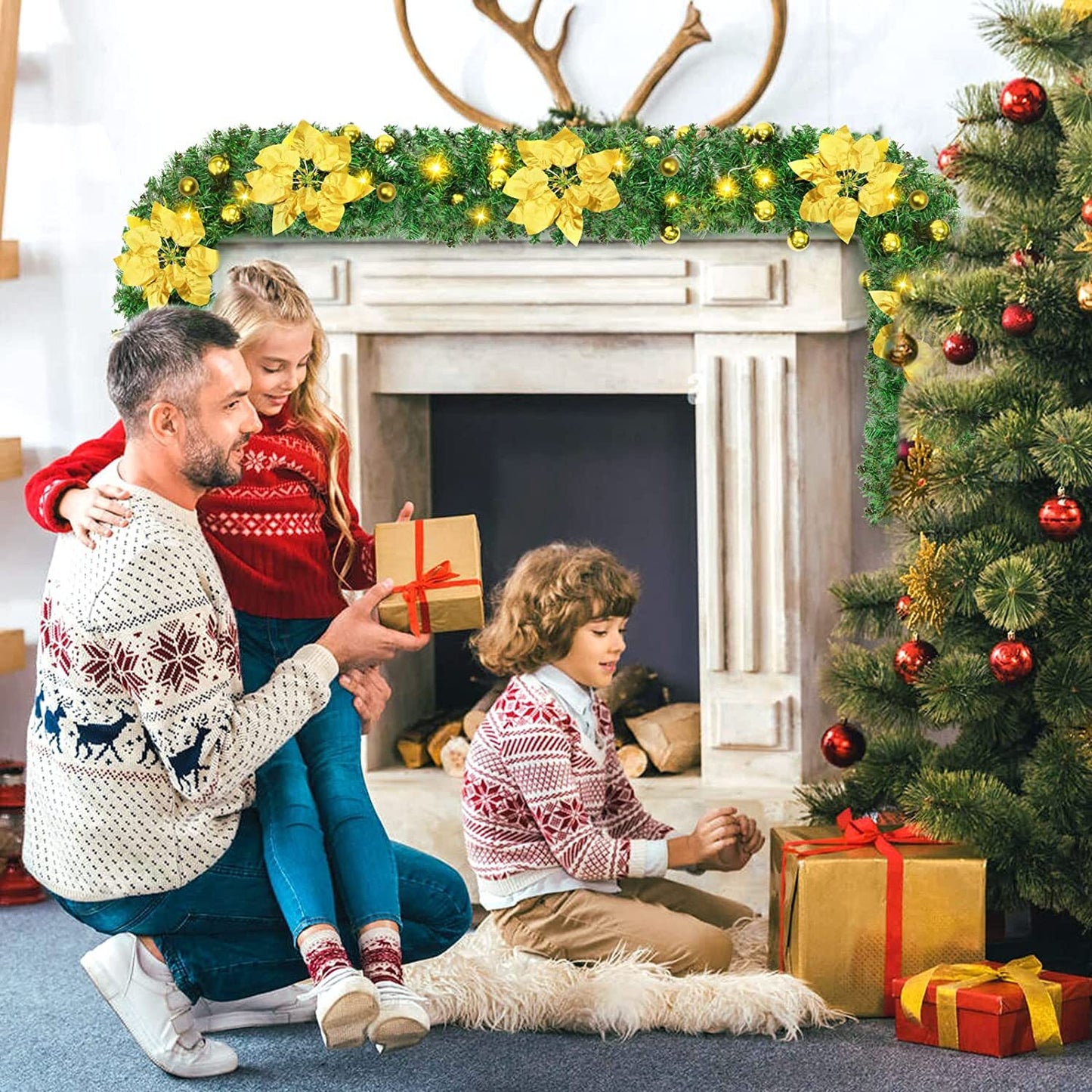 9FT Xmas Christmas Garland Artificial Wreath With LED Lights Stairs Home Rattan,The Style Shipped Is The Same As The Color In The Main Picture.