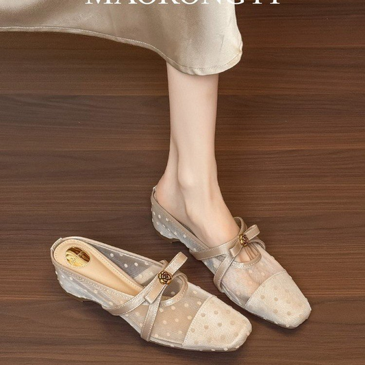 Treasure Pavilion 5cm Heightening Square Toe Single Strap Mesh Sandals, Bow Decor Closed Toe Wedge Slippers For Women