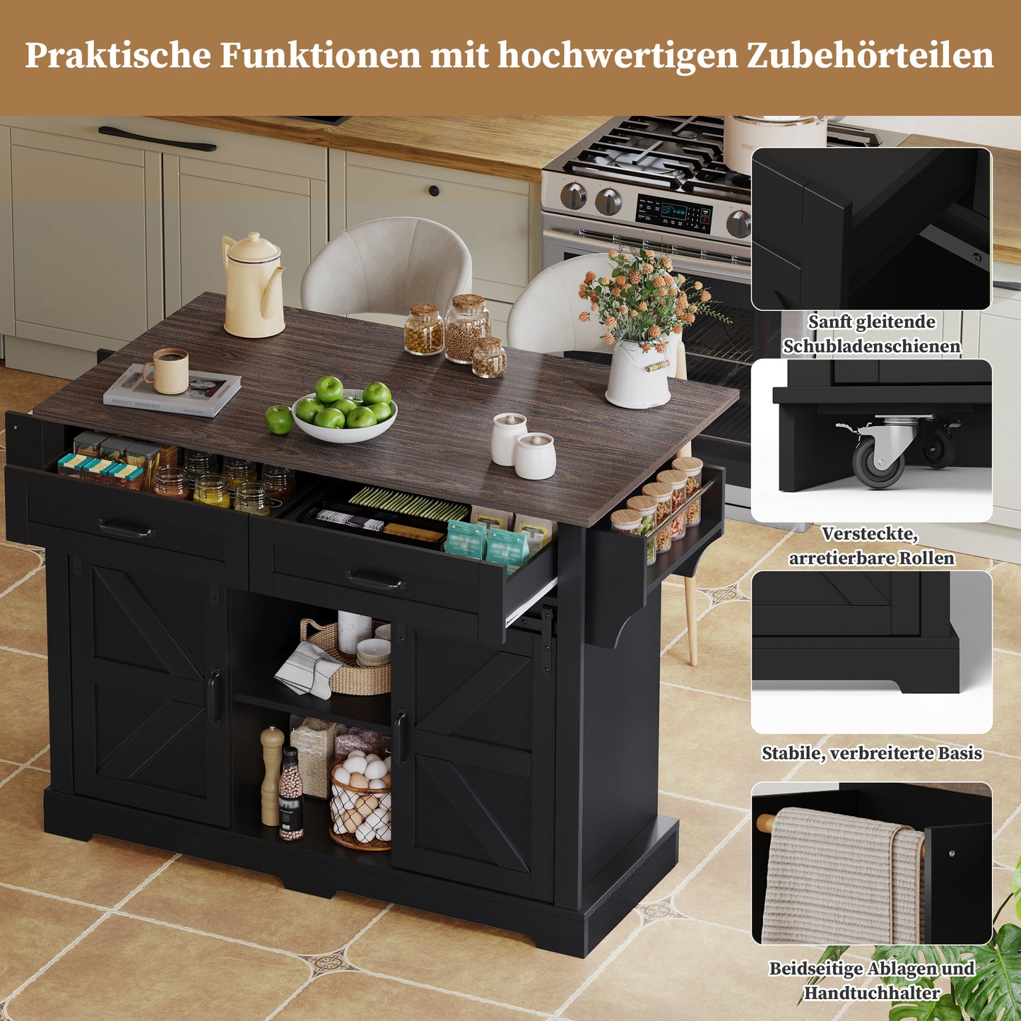 Kitchen Island With Folding Worktop, Kitchen Trolley On Wheels, Kitchen Cabinet With 2 Sliding Doors And 2 Drawers, Barn Style, Black, Kitchen Storage Cabinet, 120X45X91 Cm
