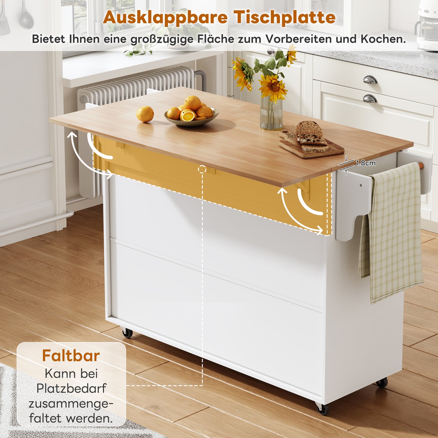 145 X 45 X 94.5 Cm, Multifunctional Mobile Kitchen Island With Folding Worktop, Adjustable Shelves, 5 Wheels, Concealed Cutlery Drawer  Suitable For Kitchens, Dining Rooms, Living Rooms, Etc.