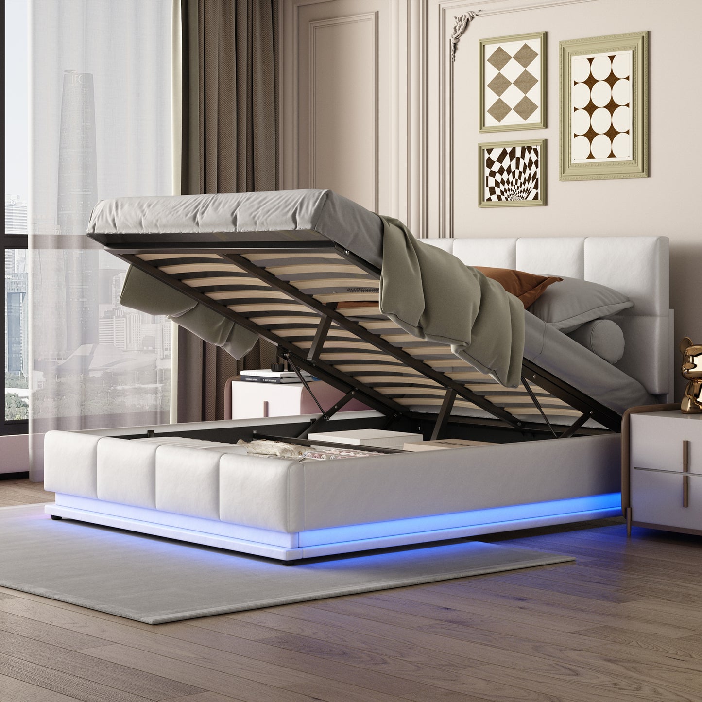Upholstered Bed 140x200 Cm With LED Lighting & Hydraulically Liftable Bed Storage, Bed Box & Slatted Frame Covered In Faux Leather, Double Bed For Adults Or Teens, White