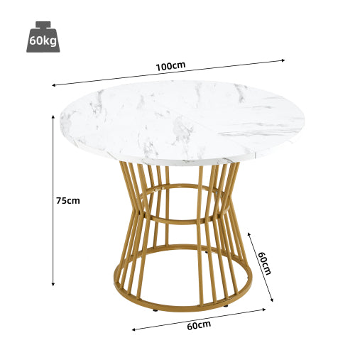 Dining Table Set  5-piece , Dining Table Set With 4 Chairs, Kitchen Table Set, Round Dining Table With 100 Cm Diameter And Golden Metal Legs, White MDF Table Top, Black Velvet Dining Chairs