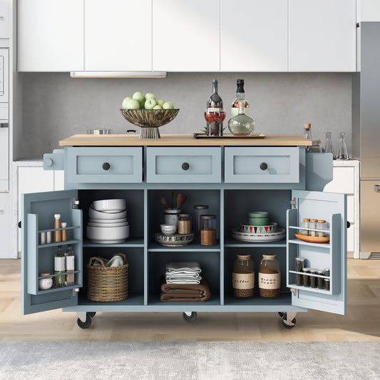 Kitchen Cart With Rubber Wood Drop-Leaf Countertop ,Cabinet Door Internal Storage Racks,Kitchen Island On 5 Wheels With Storage Cabinet And 3 Drawers For Dinning Room, Grey Blue