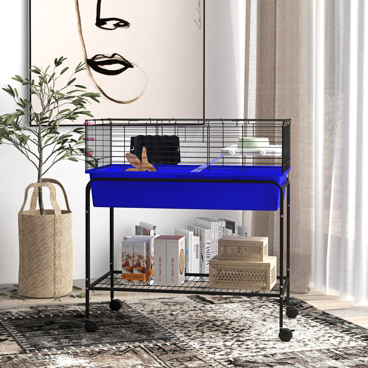 Two-Story Small Animal Cage Removable from Stand, Pet Habitat with Shelf & Wheels, 33" x 18.5" x 35", Blue