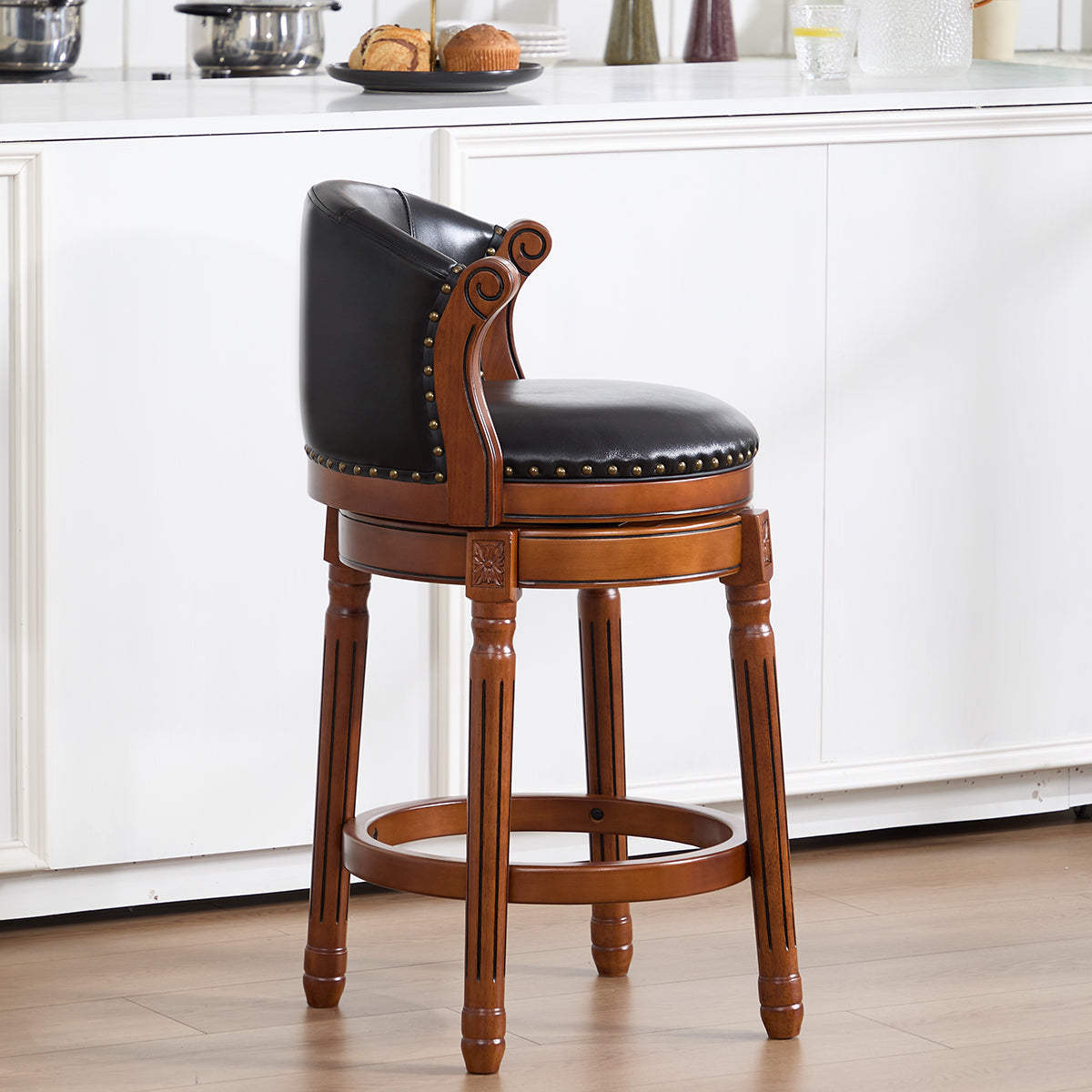 Cow Top Leather Wooden Bar Stools, 360 Degree Swivel Bar Height Chair With Backs For Home Kitchen Counter, Morden Chair Barstools