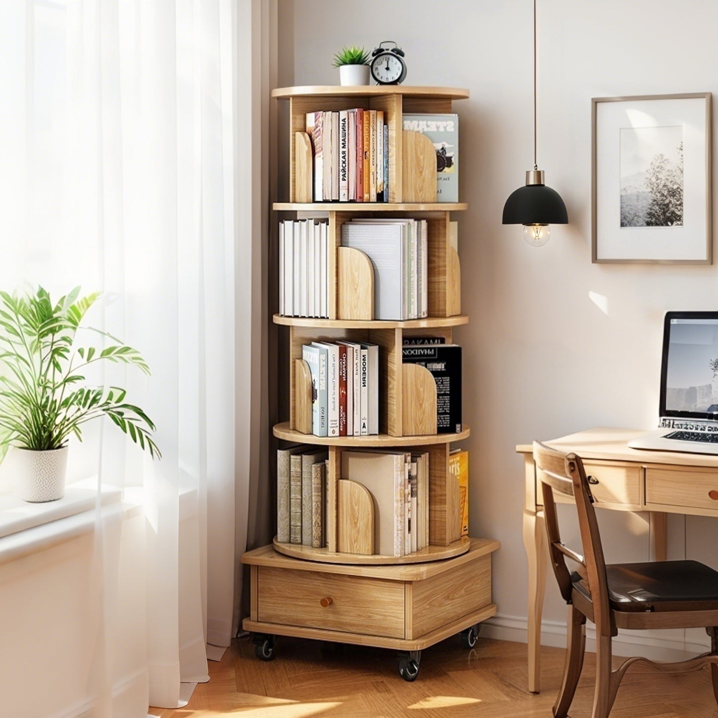 5 Tier Rotating Bookshelf,  Display Round Spinning Bookshelf With Wheels, Space-Saving, Small Space Rotating Bookshelf Tower For Bedroom, Living Room, Home, Office, Wood Color