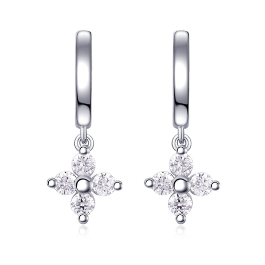 S925 Sterling Silver Clover Drop Huggie Earrings, 0.1ct D-VVS1 Moissanite, Platinum Plated 3.8g Women's Jewelry With GRA Certificate Gift Box