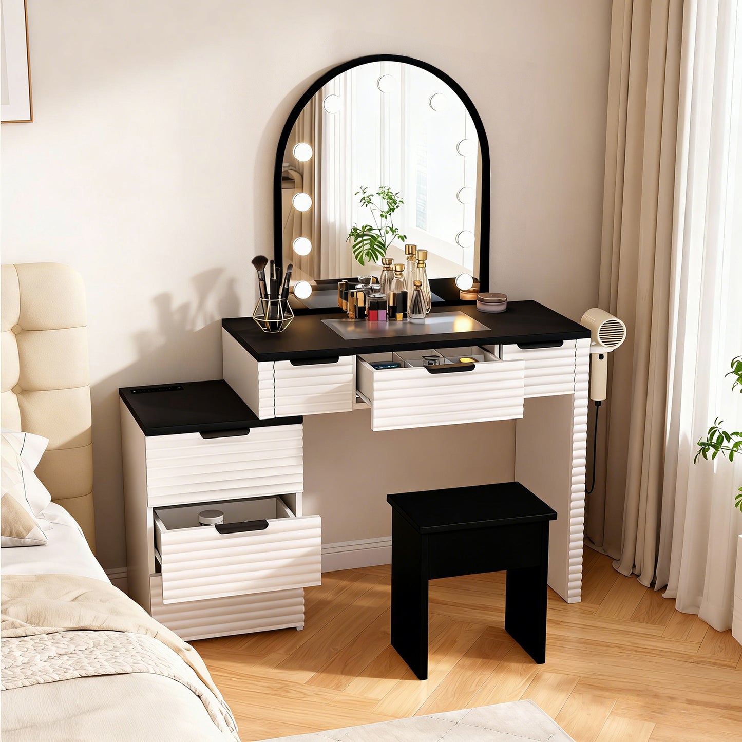 Modern Vanity Desk Chair Set With Mirror Light Fashionable 3 Lighting Modes Adjustable Makeup Table With Glass Top Power Outlet And 6 Drawers For Home Bedroom Salon