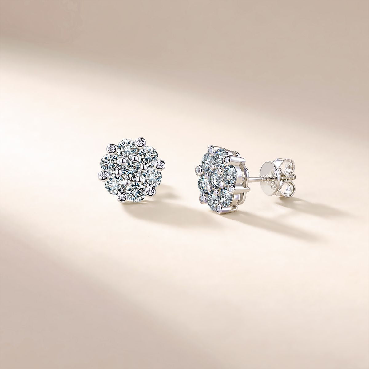 S925 Sterling Silver Floral Cluster Stud Earrings, 3mm D-VVS1 Moissanite Pave, Platinum Plated 2.5g Women's Jewelry Gift Box Set