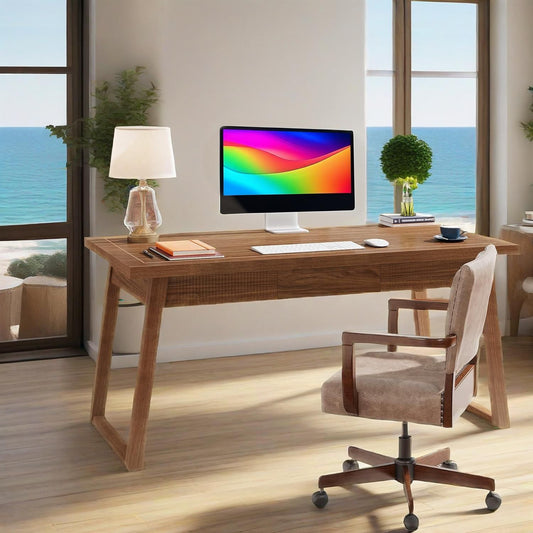 Home Office Executive Desk: 55 Inches Wooden Computer Desk With Drawer, Mid-Century Modern Study Writing Table