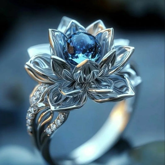Womens Fashion Rhinestone-Encrusted Lotus Ring For Women
