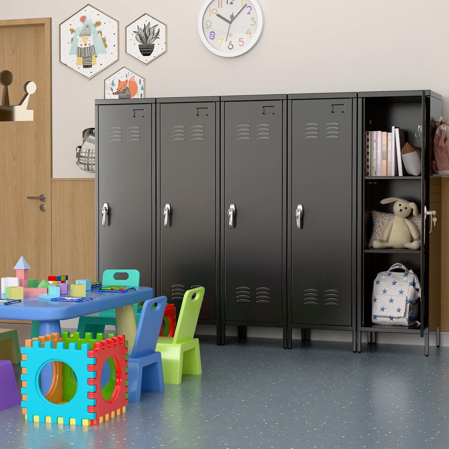 SUPEER Lockable Metal Lockers With Handle,Metal Storage Locker With 2 Pegboard & 5 Hooks For Home,Office,School,54.45inch H X 15inch W X 15inch D,Black,Required Assembly