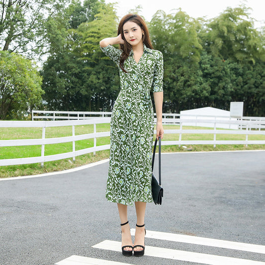 New Autumnwinter Mustard-green Velvet Floral-print Lapel Dress