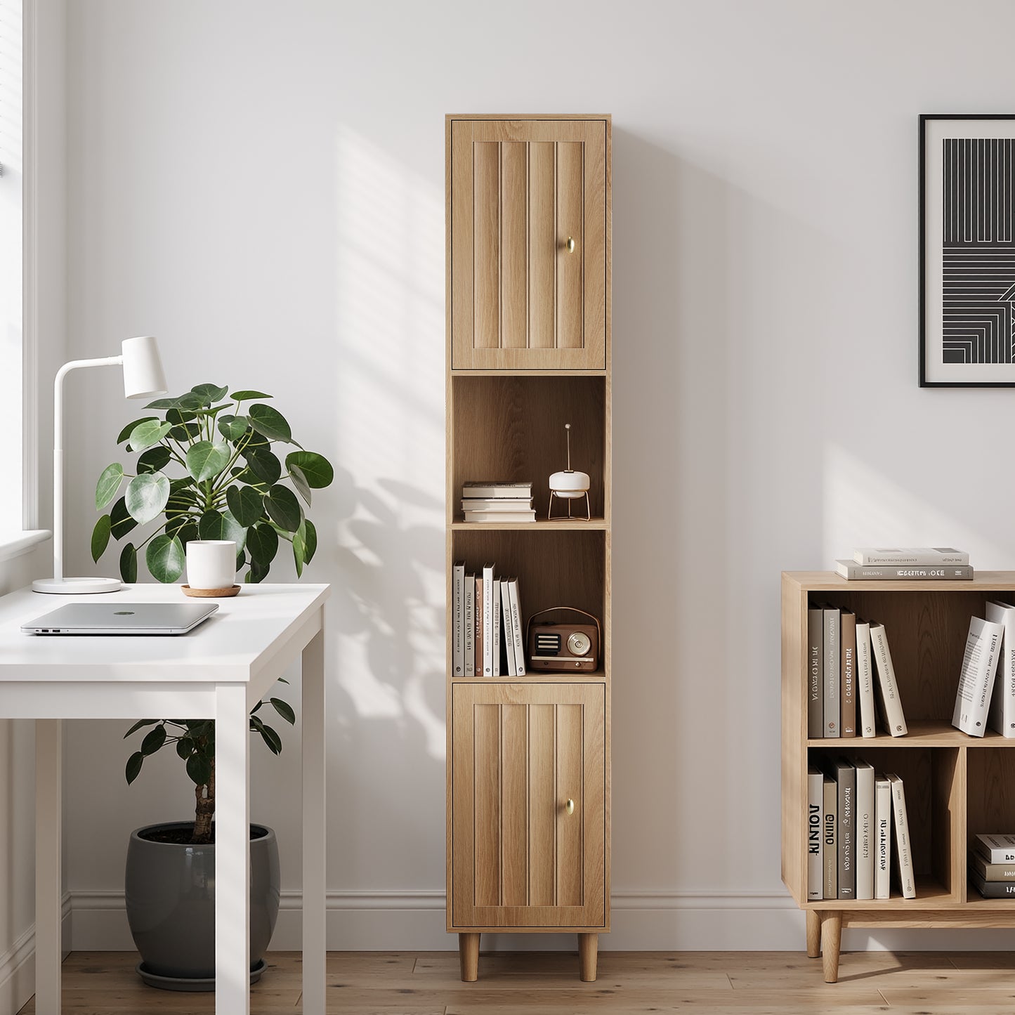 Tall Cabinet Washing Machine Cabinet, Bathroom Cabinet With Doors & Open Shelves, Narrow Wooden Storage Cabinet For Laundry Room, Balcony, Bathroom, Kitchen, Freestanding, Oak Look