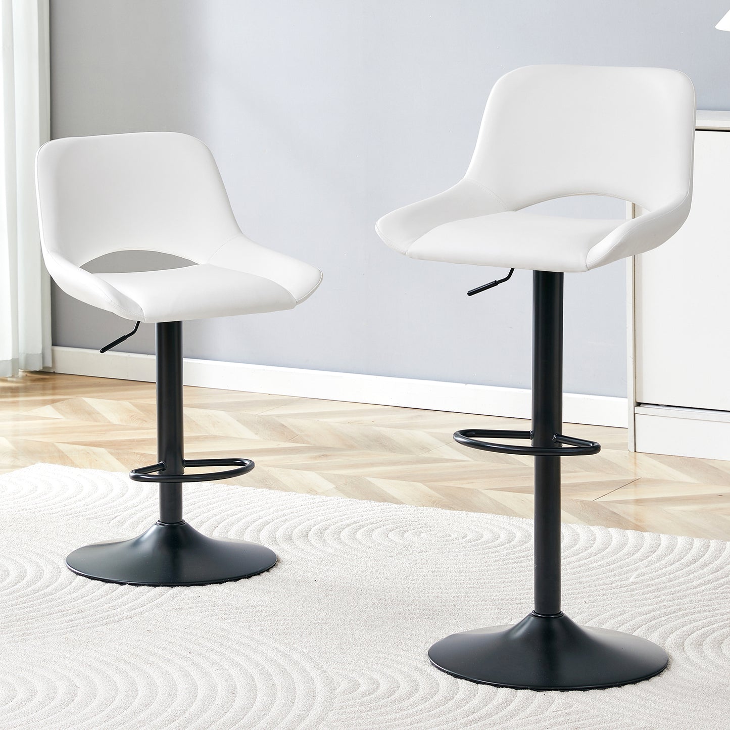 Modern Swivel Adjustable Bar Stools Set - 2 Pack, White PU Material, With Footrest, Holds Up To 250 Lbs, Suitable For Home Bars And Kitchen Islands