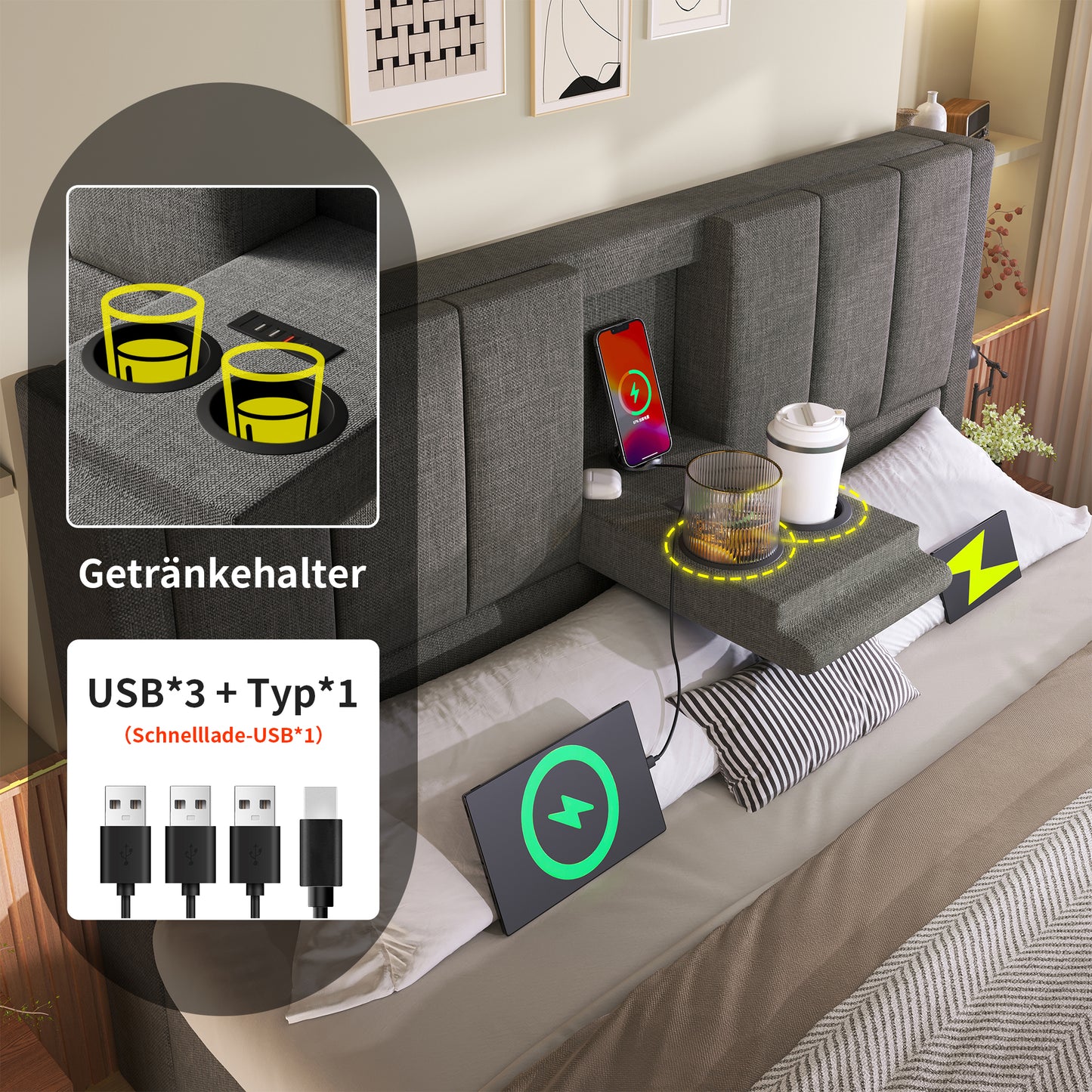 Upholstered Bed 160x200 Cm Double Bed With Hidden Cup Holder & Charging Station, Hydraulic Bed With Storage Space Under The Bed, Incl. Slatted Frame, Linen Grey  Without Mattress