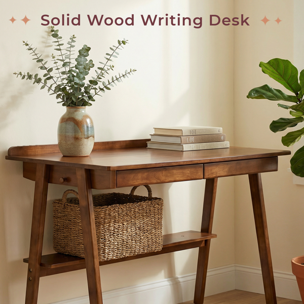 Solid Wood Writing Desk, Home Office Desk For Small Spaces, Mid Century Modern Desks With 2 Drawers & Storage Shelf, Standing Desk With Side Hooks For Study, Bedroom, Office  Walnut