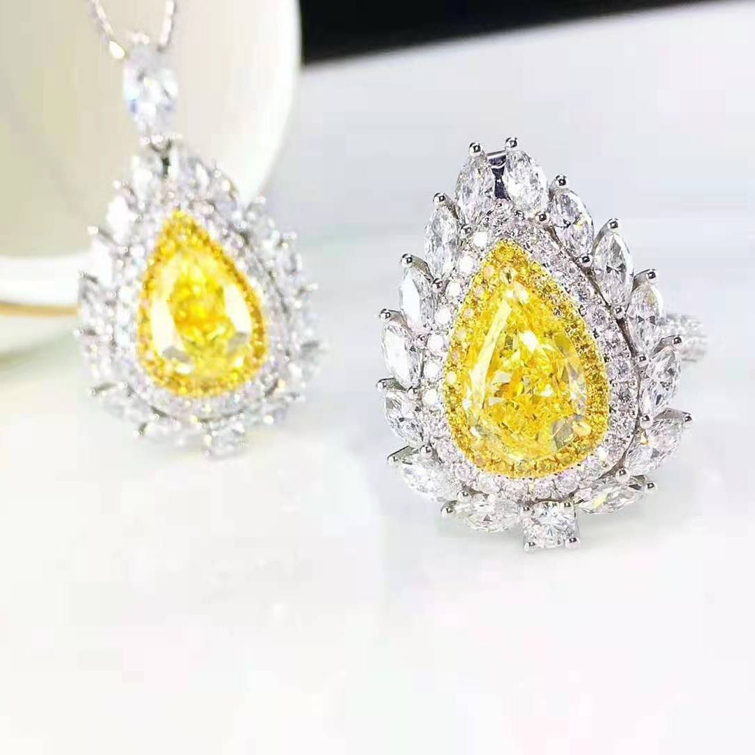 New Luxury Pear-Shaped Yellow Pendant, Micro-Encrusted Rose-Pink Crystal Earrings, Open Ring, Colored Gemstone Necklace