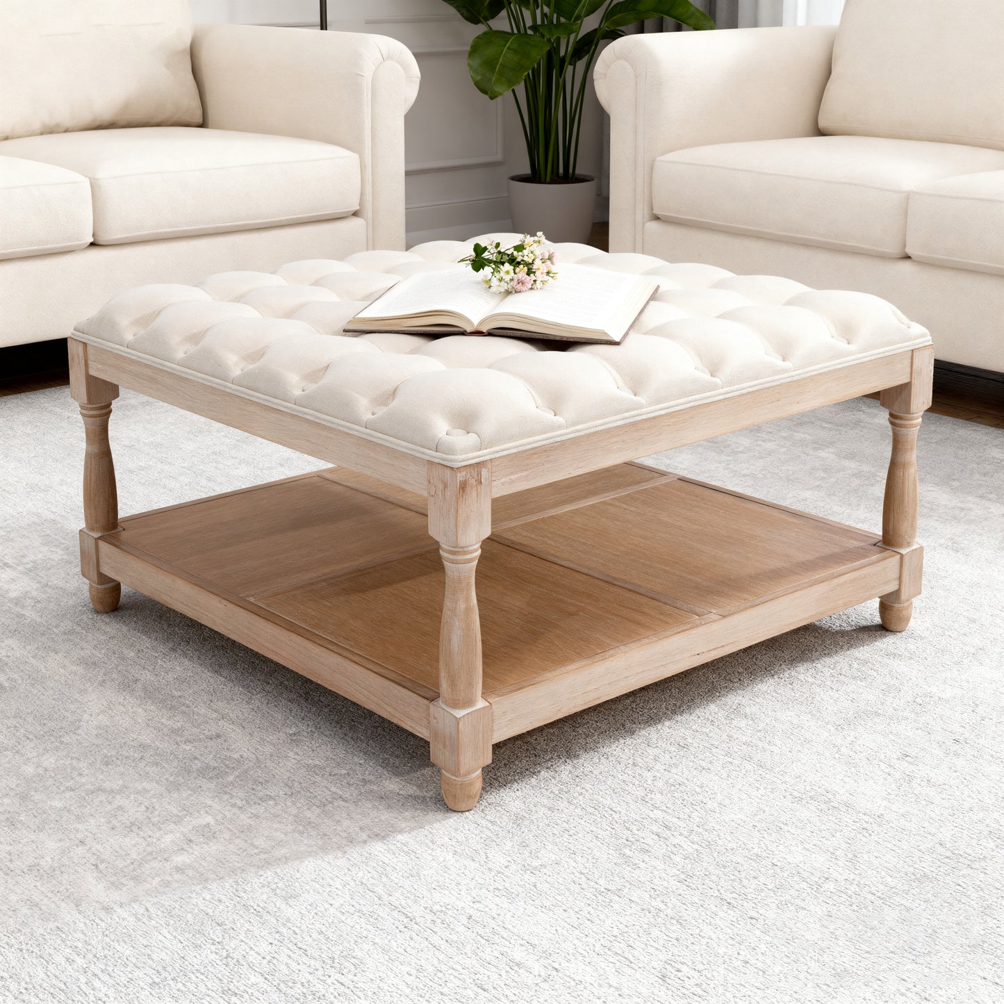 33 Inch Large Square Ottoman Coffee Tables For Living Room, Tufted Upholstered Linen Ottoman With Storage Shelf And Solid Legs For Office Bedroom Farmhouse  Beige