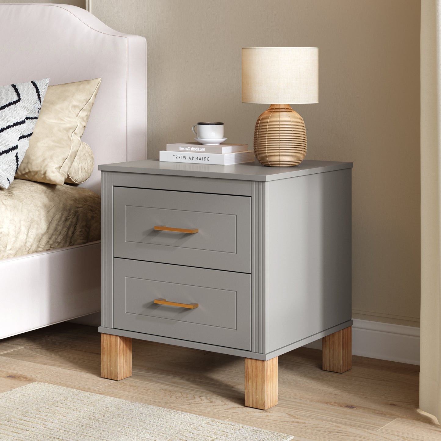2 Drawer Nightstand, Premium Wood Storage With Elegant Fluted Design, Solid Wood Legs Nightstand With Metal Handle, Tall Bedside Table For Bedroom Living Room,Gray