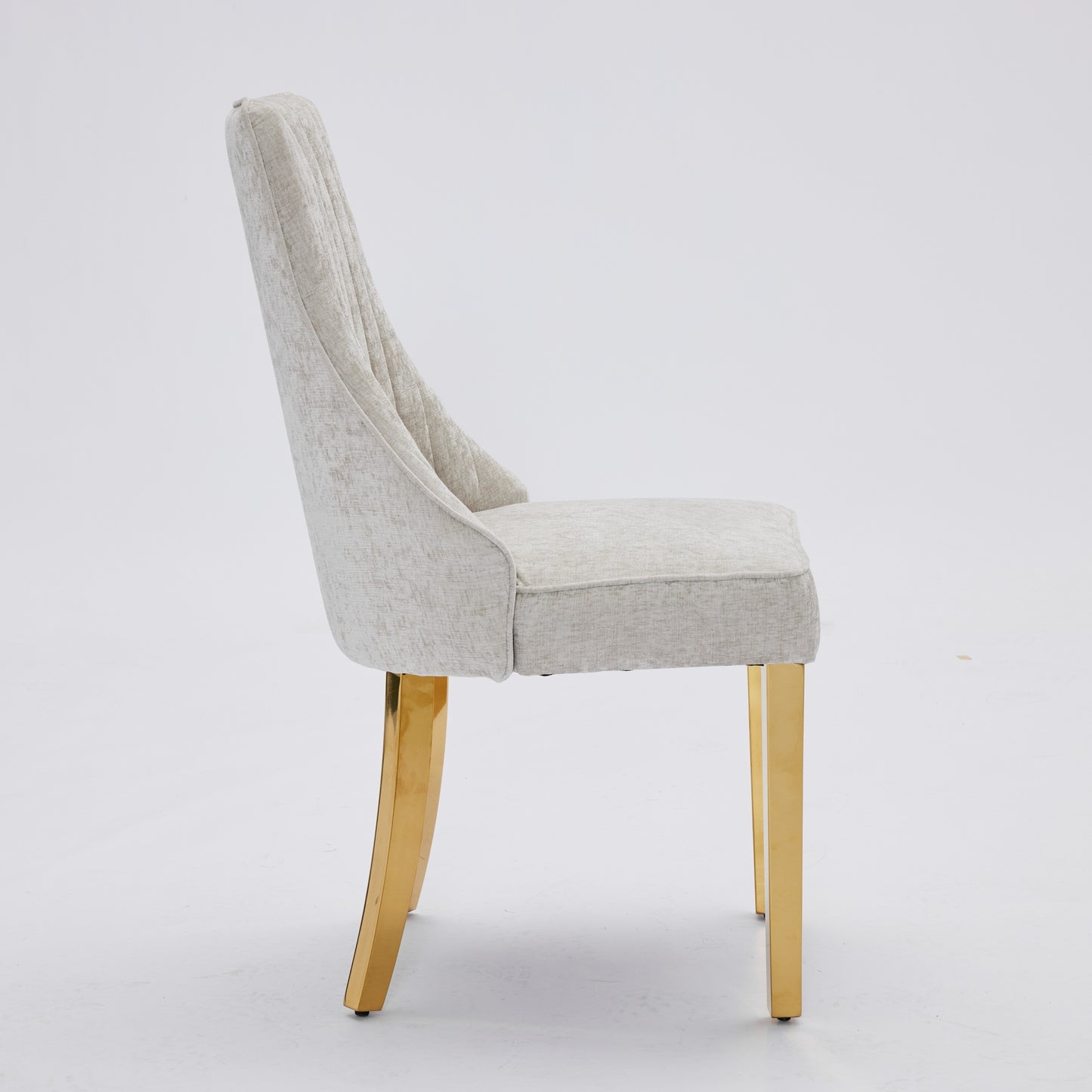 Rayon Cloth Flocking Chenille Dining Chairs Channel Kitchen Dinner Chair Comfy Fabric Upholstered Accent Chair For Dining Room With Golden Stainless Steel Plating Legs,Set Of 2  Beige  DE1647BG