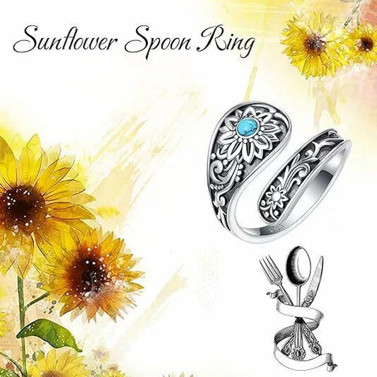 New Accessories European And American Bohemian Retro Sunflower Turquoise Lady's Flower Adjustable Ring