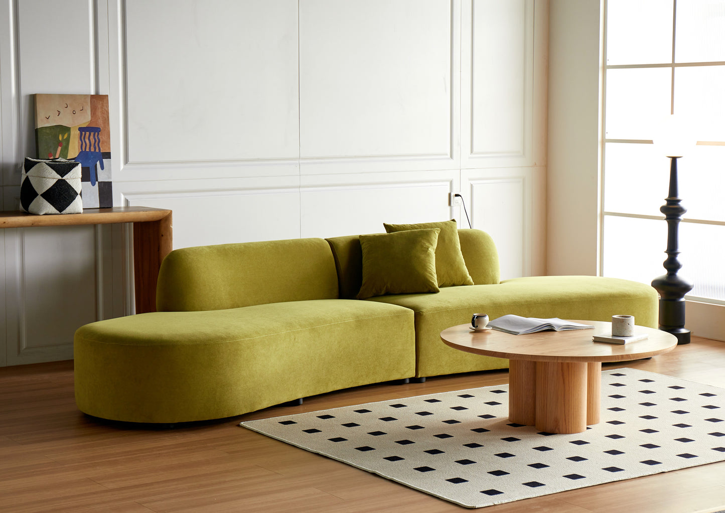 132   Curved Sofa With Throw Pillows, 6 Seater Luxury Velvet Couch With Half Moon Design And High-Density Foam, Ideal For Modern Living Room, Office & Apartment, Olive Green