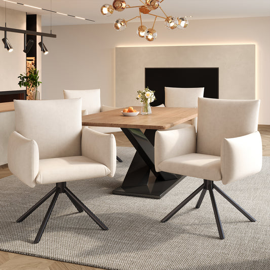 4 Dining Chairs Set, Upholstered Armchair With 4 Metal Legs, 360 Casual Swivel Chair, Living Room Bedroom Chair, Work And Desk Chair, Lumbar Support, Velvet, Beige
