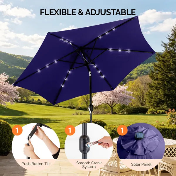 9ft Solar LED Patio Umbrella With Push Button Tilt & Crank, 6 Ribs Waterproof Polyester Outdoor Market Table Umbrella For Garden Backyard Pool, Navy Blue