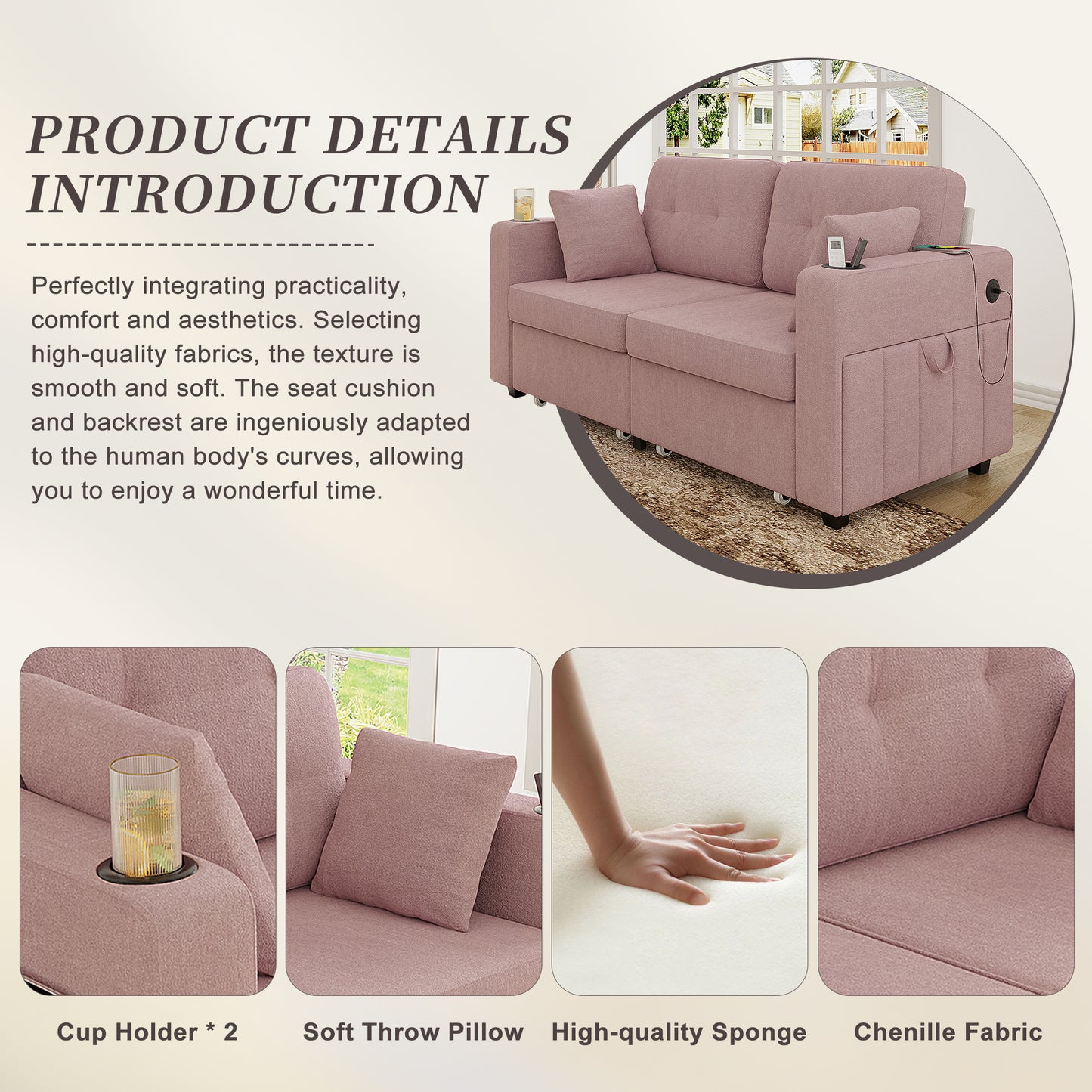 Sofas For Living Room, Couch Set,3 Seats Sofa, USB Charging,Wood Frame,Easy To Install,with Storage, Charging Station,Cup Holder,Modern Sectional Sofas For Living Room, Apartment,Chenille Fabric