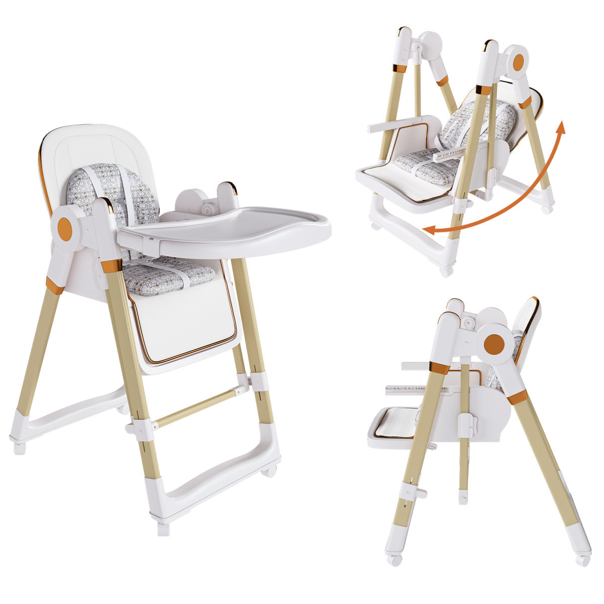 Convertible Baby High Chair To Rocker With 5-Point Harness, Foldable Infant Feeding Chair With Silent Locking Wheels & Removable 2-Tier Easy-Clean Tray For 6M-3Yrs  White