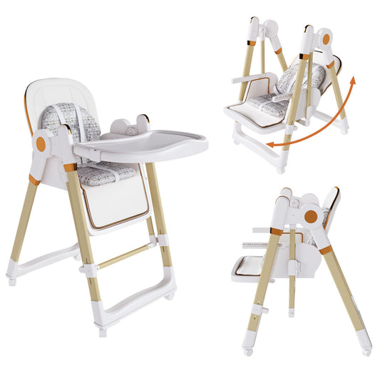 Convertible Baby High Chair To Rocker With 5-Point Harness, Foldable Infant Feeding Chair With Silent Locking Wheels & Removable 2-Tier Easy-Clean Tray For 6M-3Yrs  White