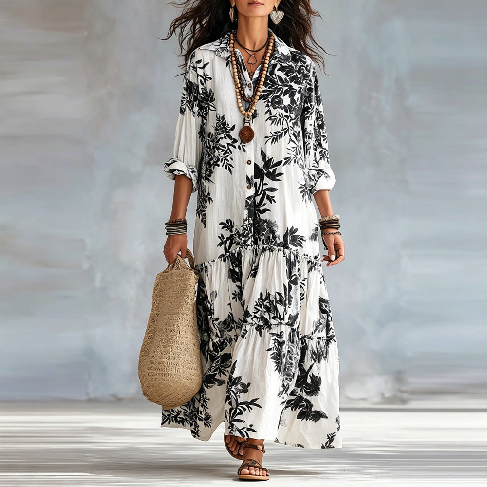 New Womens Casual Long-sleeve Lapel Dress