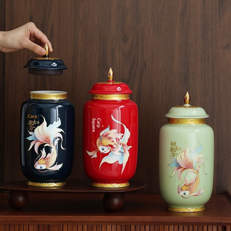 Chinese-style Retro Tea Canister With Carp Design Sealed Container