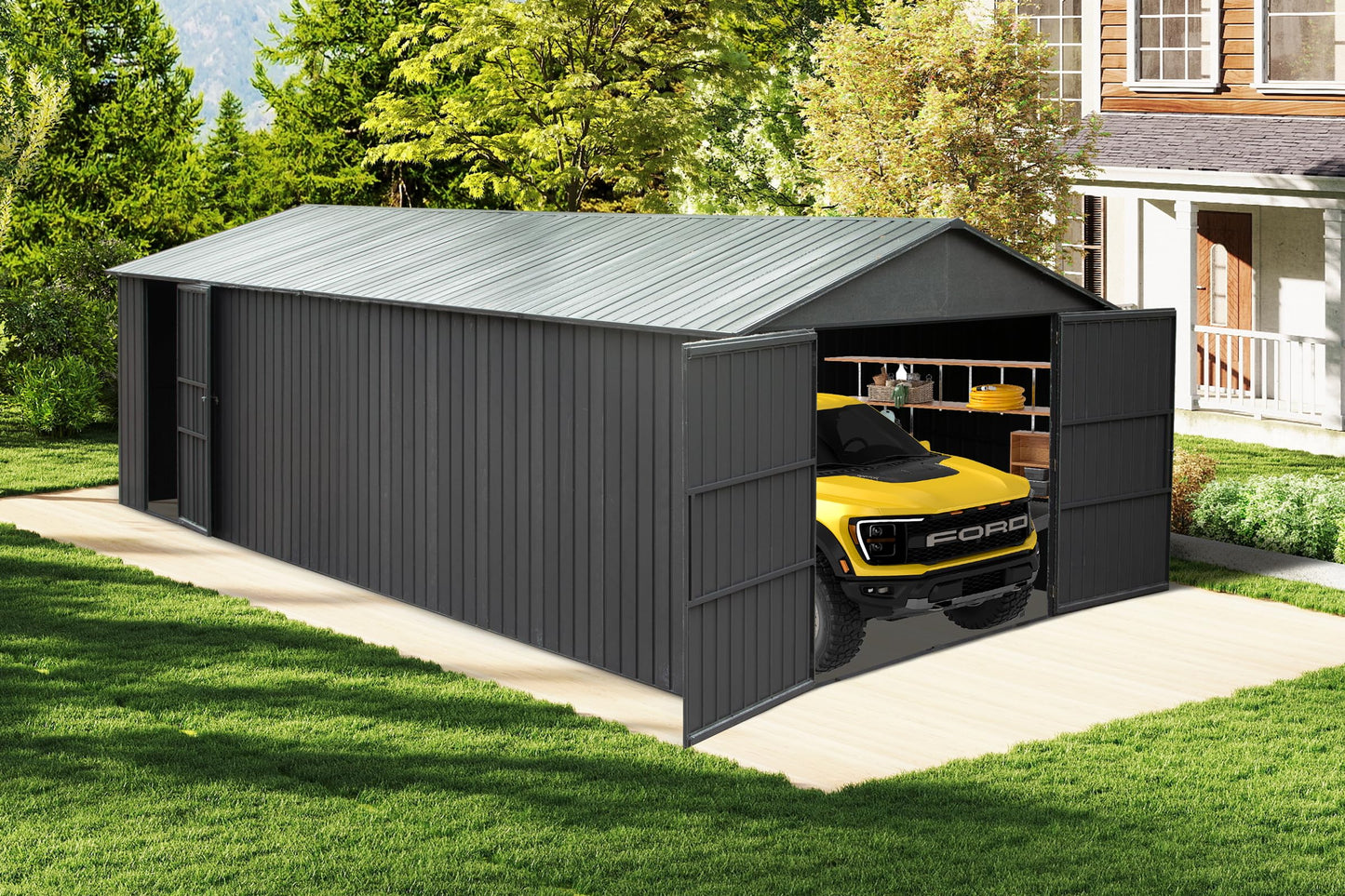 12x20FT Outdoor Metal Garage Shed, Extra Large Metal Carport With Lockable Double Hinged Doors, Heavy Duty Car Shelter For Car, Truck, Motorcycle And Lawn Equipment, Dark Grey