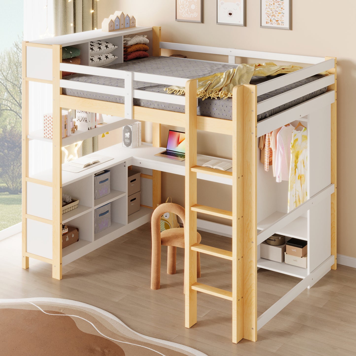 Loft Bed, 140x200 Cm, Shelves, Several Storage Compartments, Desk, Wardrobe, Without Mattress, Natural