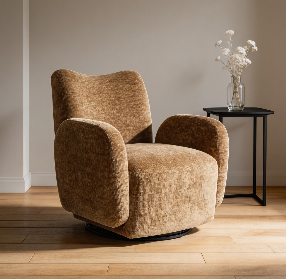Title 360 Swivel Chair Accent Chair 32.48-inch Chenille Fabric Upholstered Sofa, Suitable For Living Room, Study, Office Or Leisure Area, Dark Camel