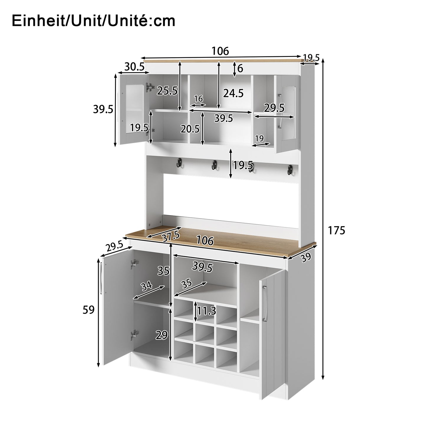Kitchen Buffet Cabinet With Attachment 175 Cm, Kitchen Cabinet With Glass Doors, Wine Rack And Hook Rack, Large Dish Cabinet Pantry Cabinet Kitchen Cabinet For Kitchen Dining Room Living Room