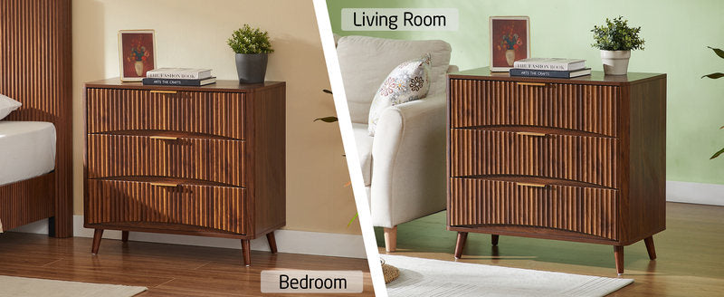 Fluted 3-Drawer Dresser, Mid-Century Modern Tall Chest W Vertical Grooved Design, Solid Wood Storage Cabinet W Metal Handles For Bedroom Living Room, Walnut