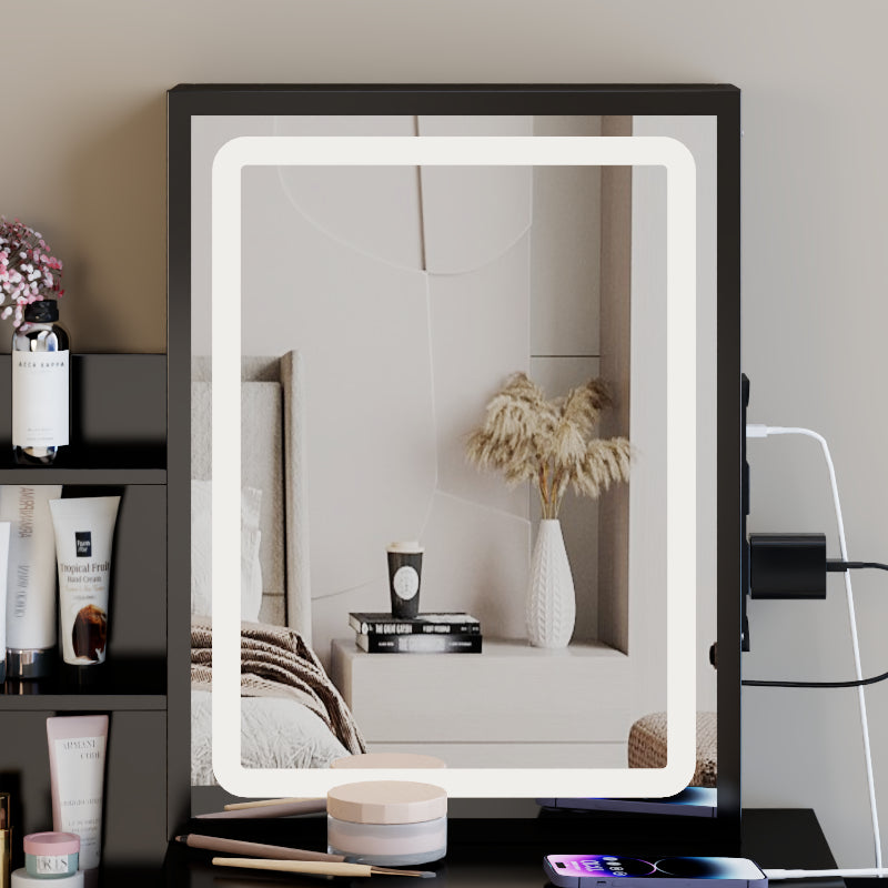 29.2 Small Size Bedside Cabinet Vanity Table  Cushioned Stool, 2 AC  2 USB Power Station, Hair Dryer Bracket, Extra Large Touch Control Sliding LED Mirror, 3-color Switching, EPA, GCC, UL Certificate