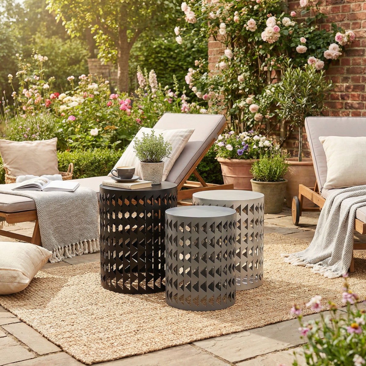 Multifunctional Nesting Round Metal Coffee End Tables Set Of 3 Modern Furniture Nightstands Decor Side Tables Plant Stand For Home Office Indoor Garden Outdoor Black And Gray