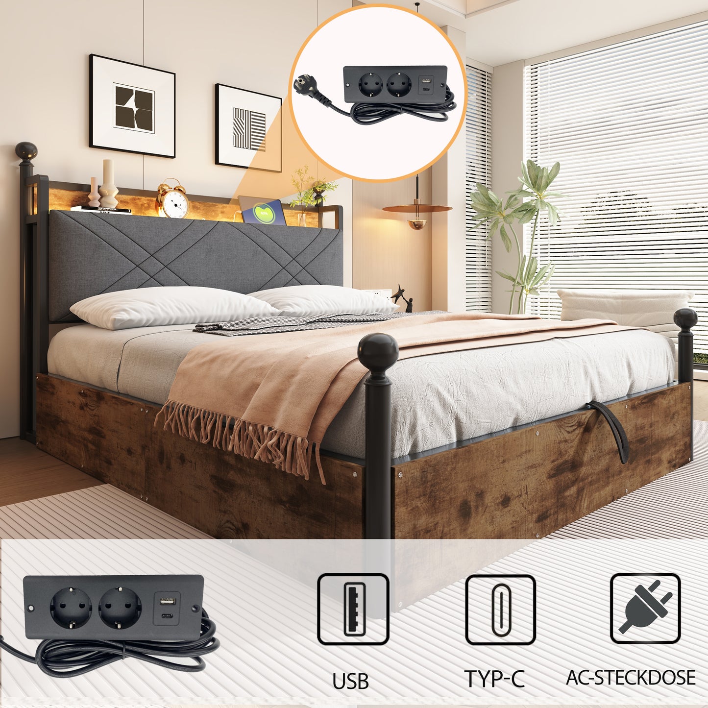 Multifunctional Double Bed 140 X 190, With Storage Space And Iron Canopy, With Removable Bed Posts With LED Lighting And USB Type-C Charging Ports And Three Drawers, Black