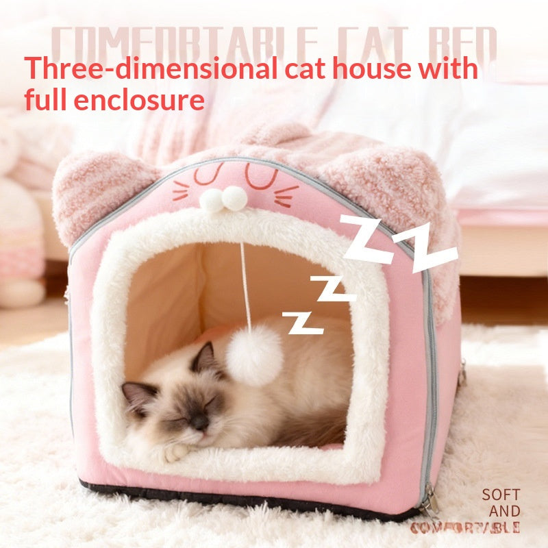 Removable And Washable Plush Warm Pet Bed With Full Enclosure